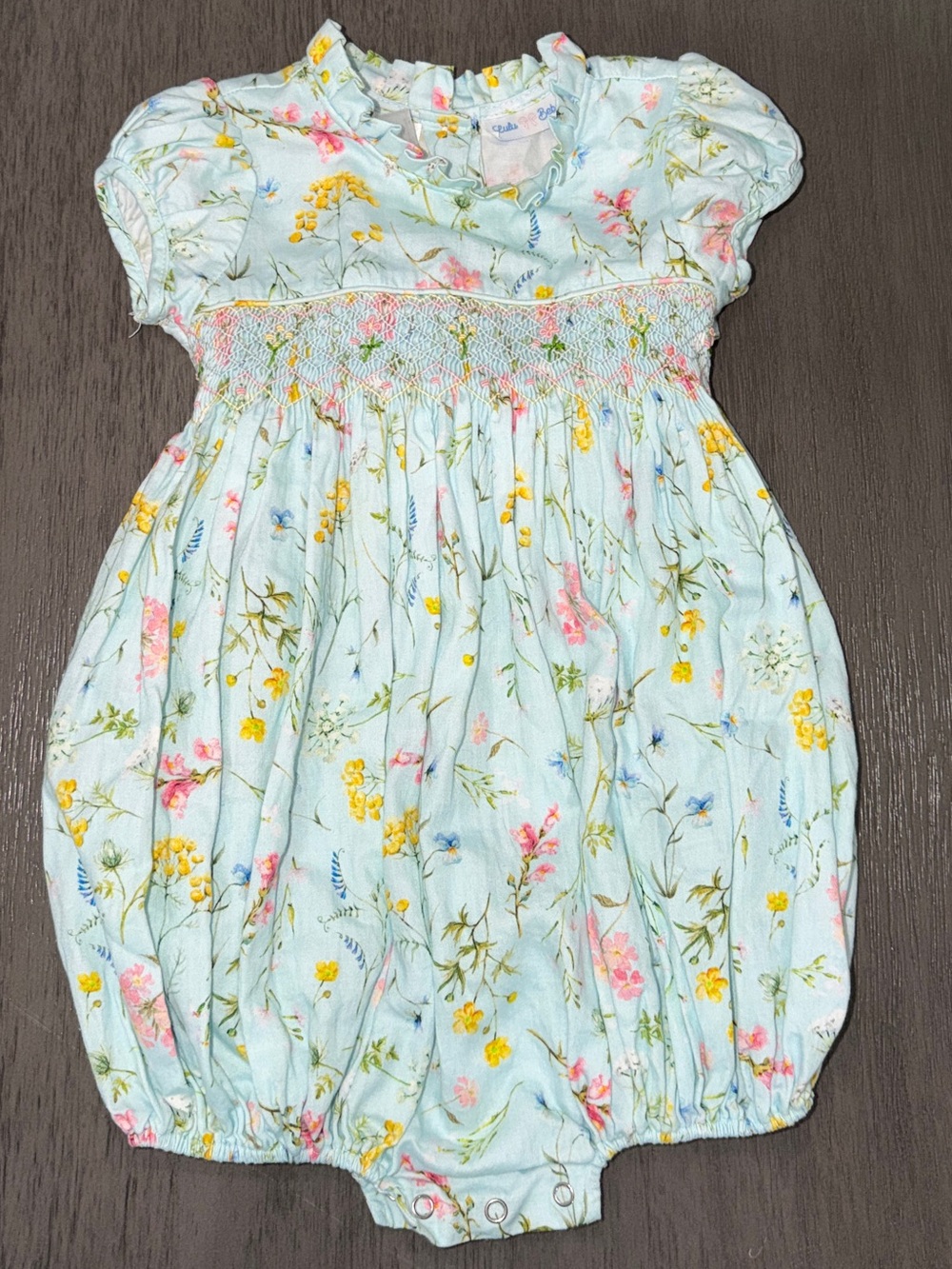 Baby Girls Light Blue Floral Romper with Smocking